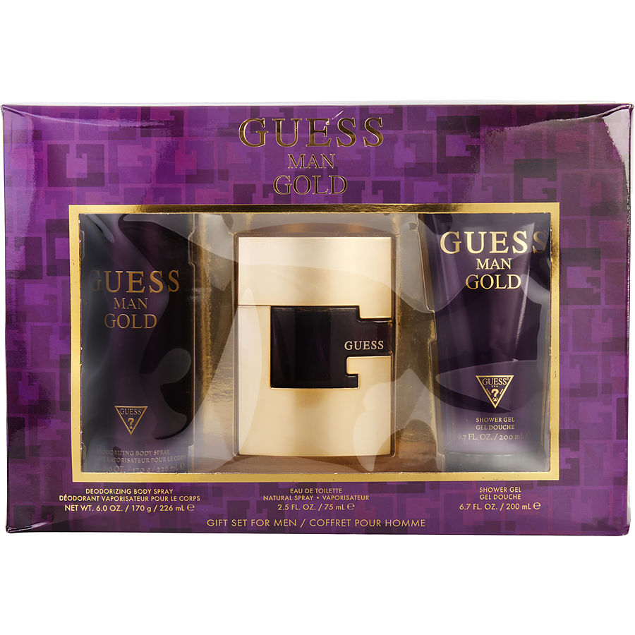 Guess Gold Man Eau De Toilette Spray 2.5 oz & Body Spray 6 oz & Shower Gel 6.7 oz