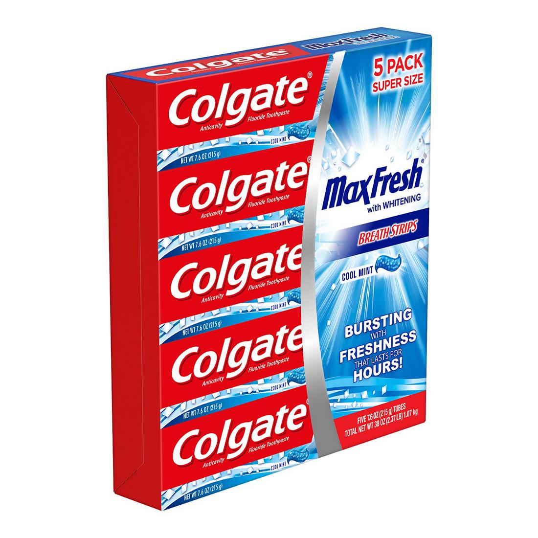 Colgate Max Fresh Toothpaste with Mini Breath Strips, Cool Mint 5-PACK 7.6 oz