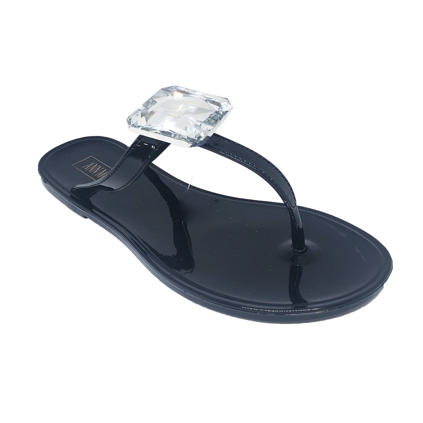 Ann More Los Angeles Jelly Sandals T-Strap Diamond Rhinestone Black