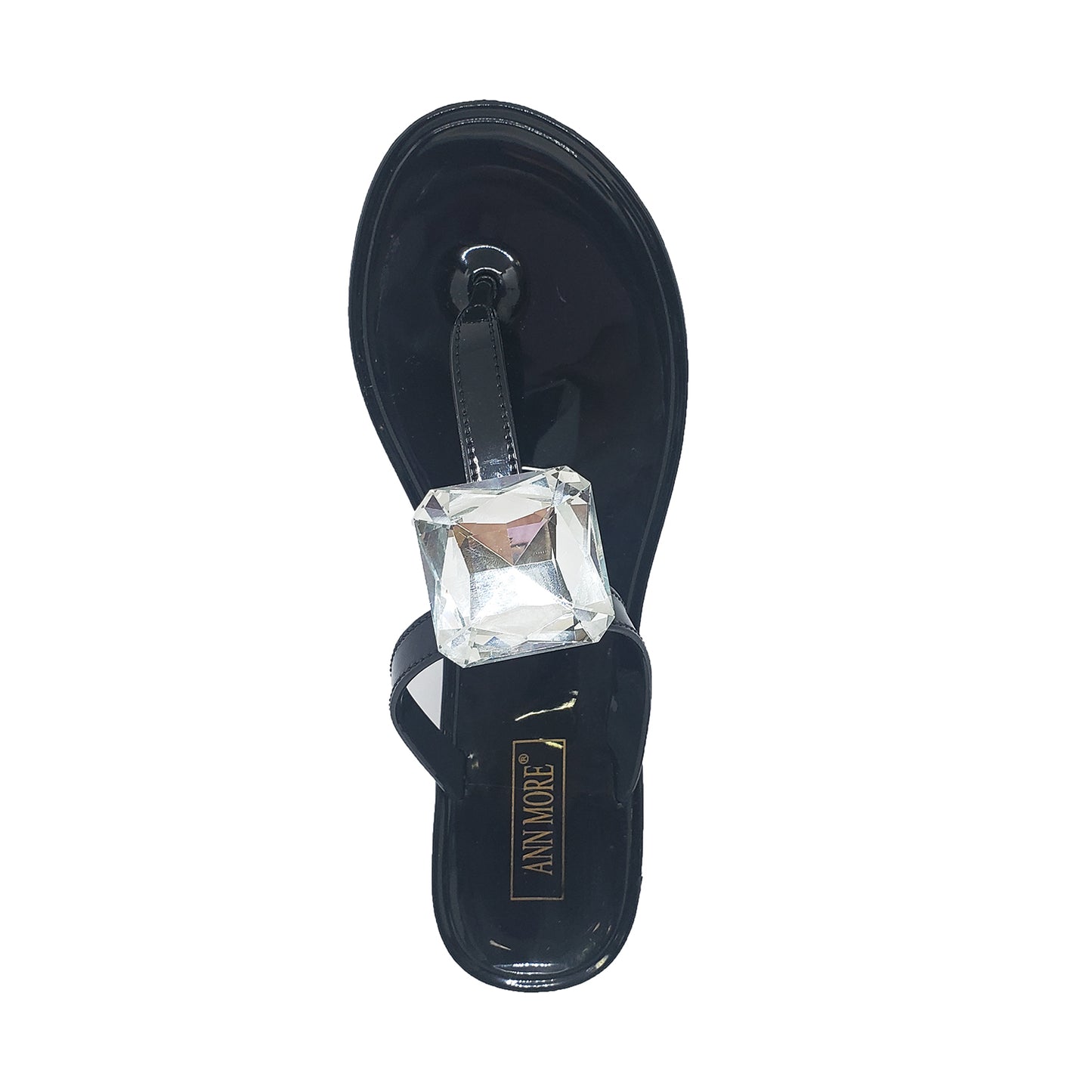 Ann More Los Angeles Jelly Sandals T-Strap Diamond Rhinestone Black