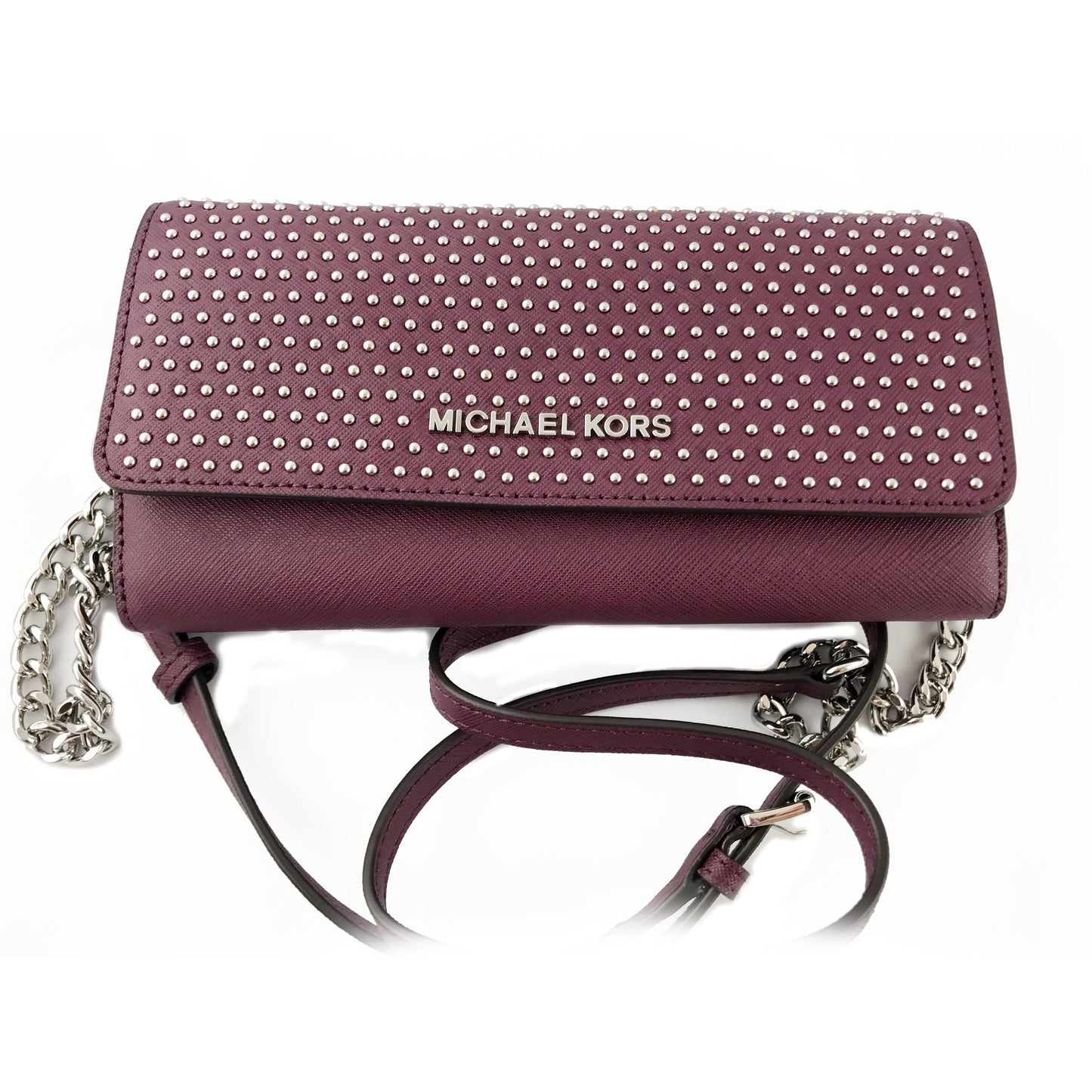 Michael Kors Jet Set Micro Stud Saffiano Leather Convertible Chain Wallet Plum (35F7SD7C7L)