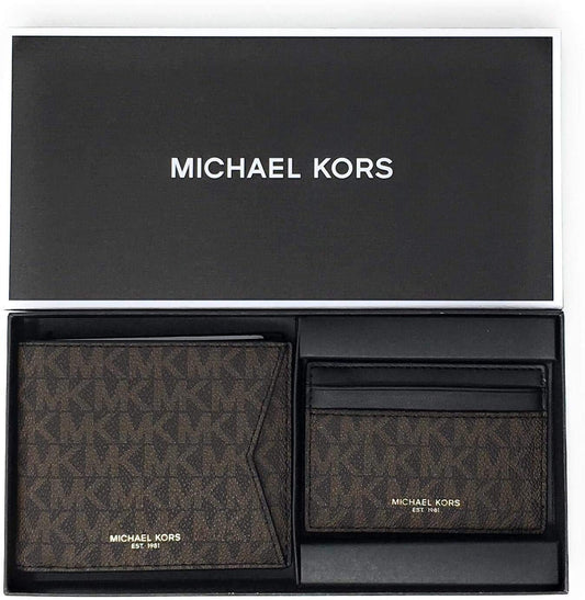 Michael Kors Set Two Piece Leather Billfold Wallet With Card Case (Brown PVC) 36H9LGFF7B