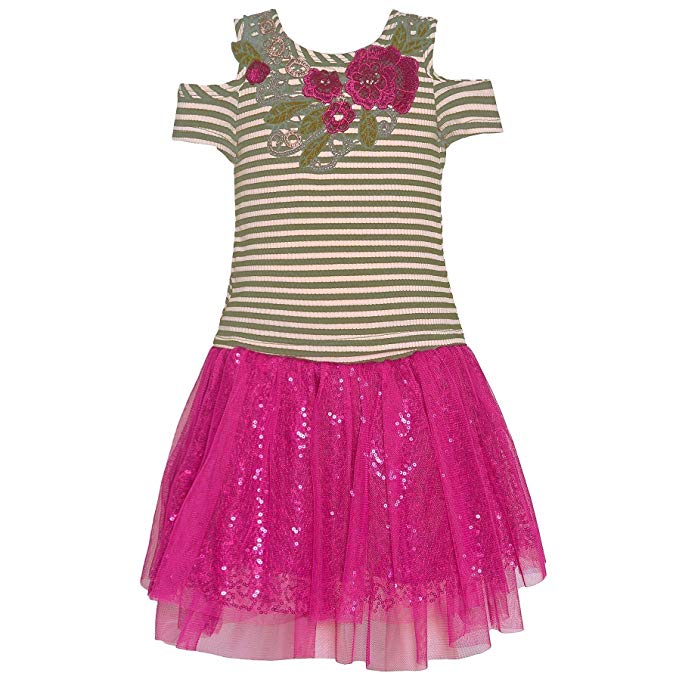 Bonnie Jean Little Girls Fuchsia Sequin Floral Detail 2 Pc Skirt Outfit
