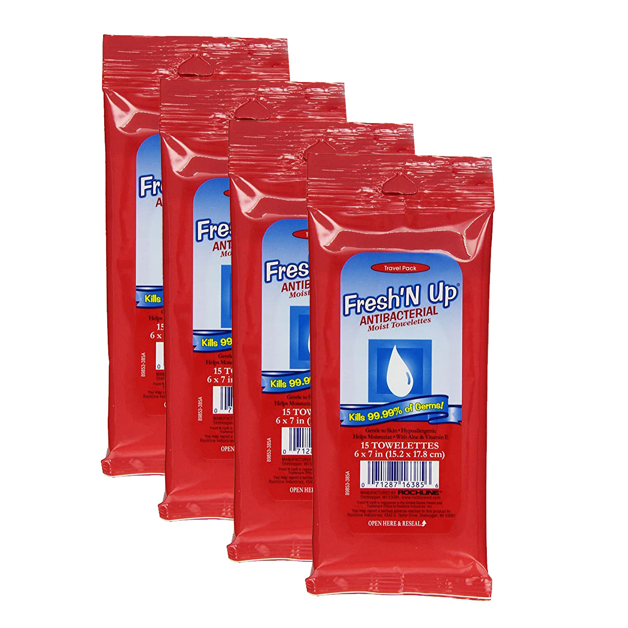 Fresh'N Up Antibacterial Towelettes 15 ct With Aloe & Vitamin E "4-PACK"