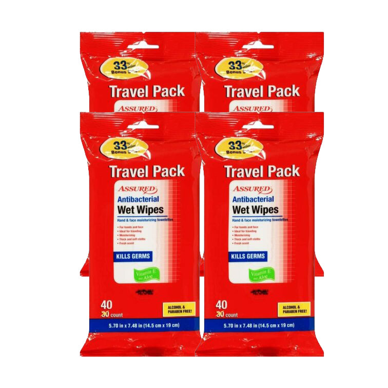 Antibacterial Wet Wipes 40 ct Vitamin E and Aloe Vera "4-PACK" by Assured