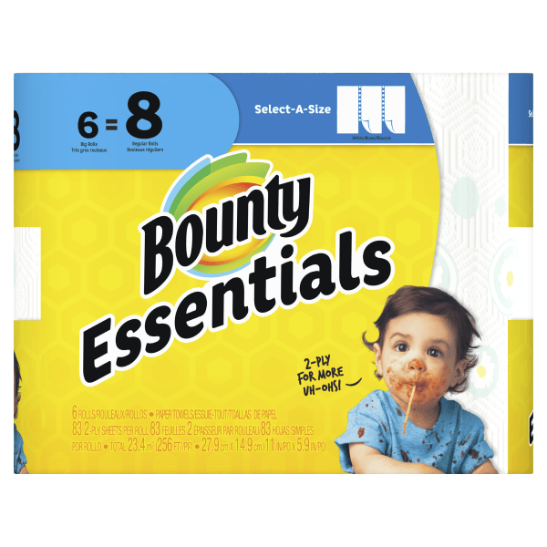 Bounty Essentials Select-A-Size Paper Towels, White, 6 Big Rolls = 8 Regular Rolls