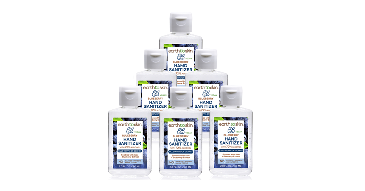 Hand Sanitizer Gel, 2 oz Blueberry Scent With 72% Alcohol by Earth to Skin "6 Pack"