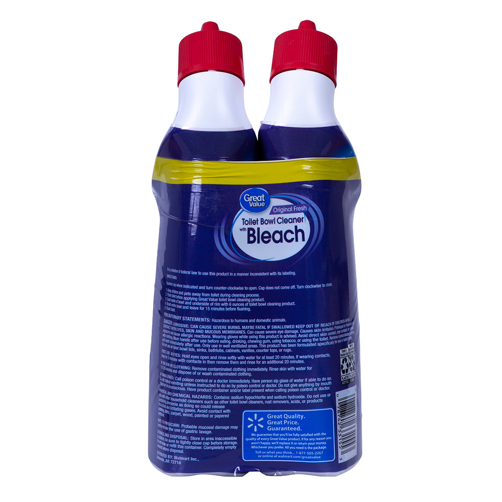Great Value Toilet Bowl Cleaner with Bleach Value Pack, Original Fresh 2 - 24 oz = 48 fl oz