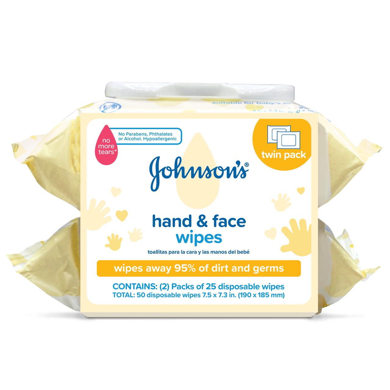 Johnson's Hand & Face Baby Cleansing Wipes, 2 Travel Packs of 25 ct