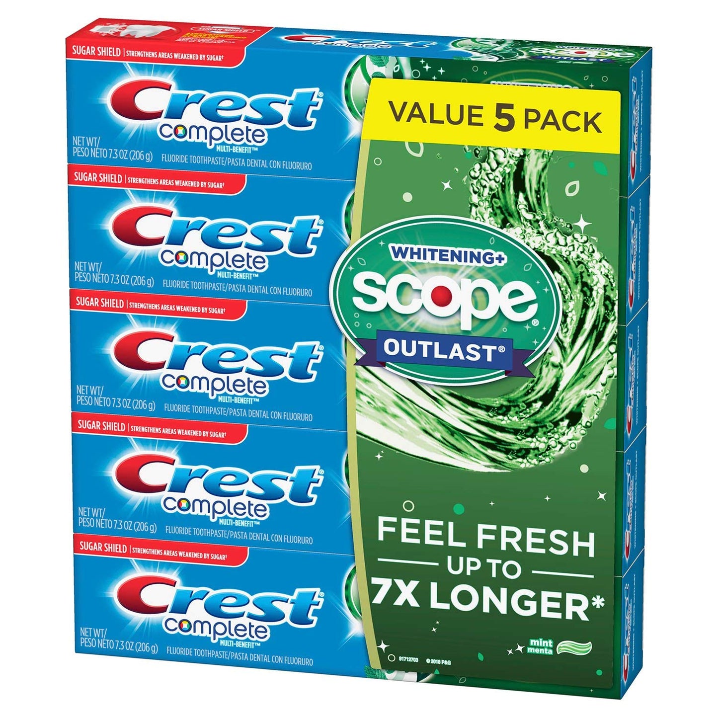 Crest Complete Whitening + Scope Mint Outlast Toothpaste, 5 Pack 7.3 oz Each