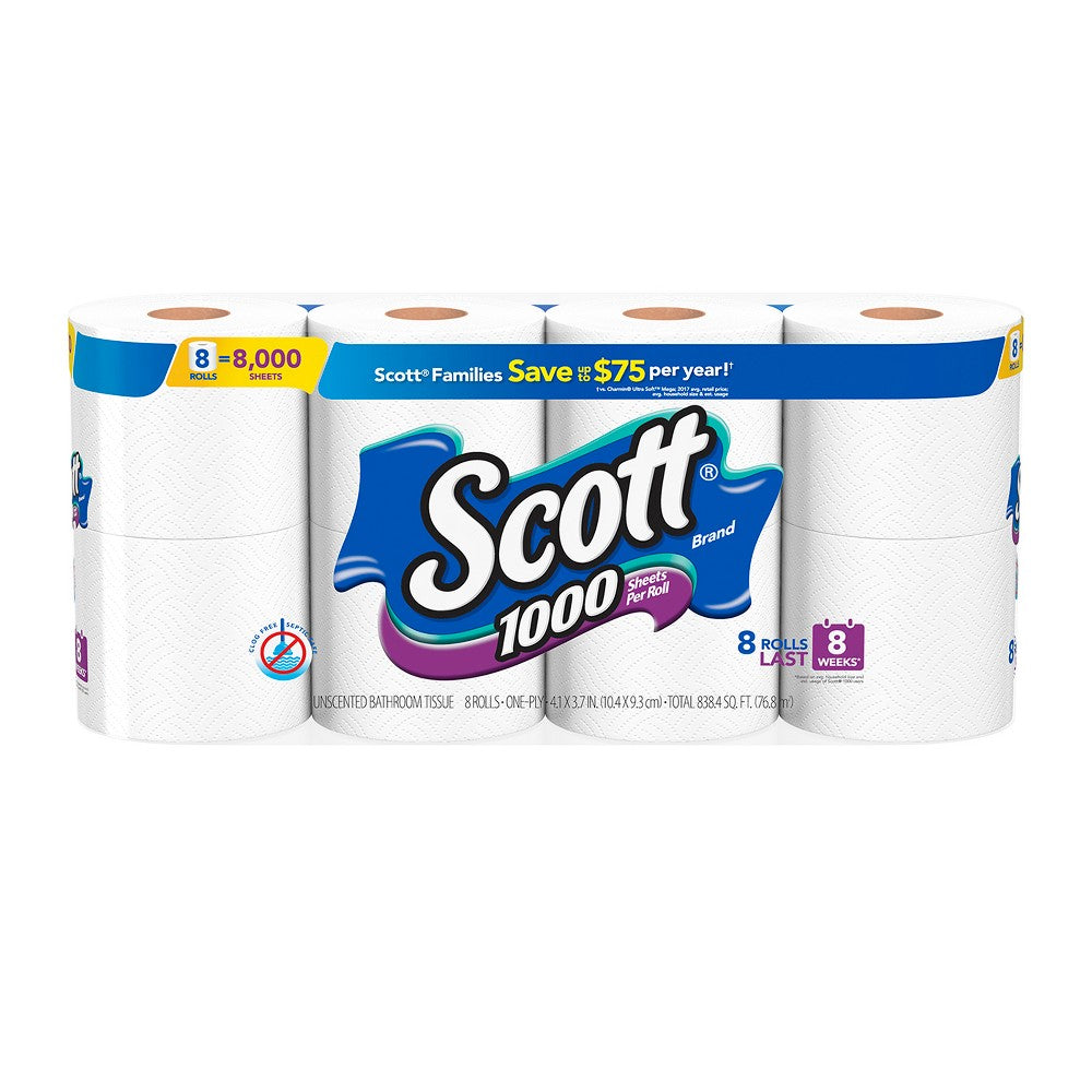 Scott 1000 Sheets Per Roll, 8 Toilet Paper Rolls, Bath Tissue
