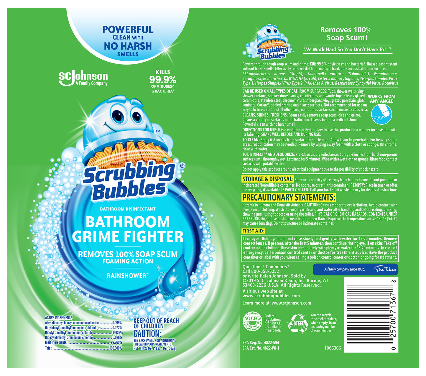 Scrubbing Bubbles Disinfectant Bathroom Grime Fighter Aerosol, Rainshower, 20 oz