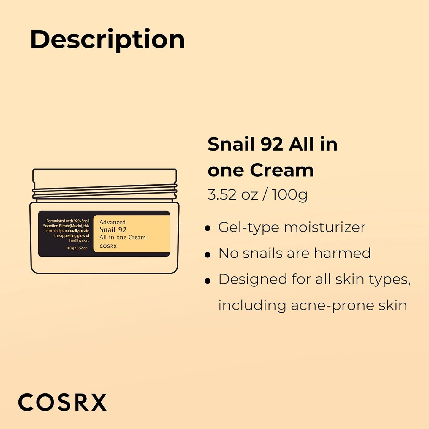 COSRX Snail Mucin 92% Moisturizer 3.52oz/ 100g