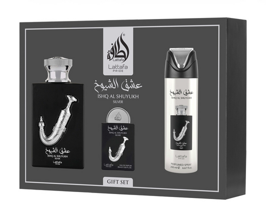 Lattafa Ishq Al Shuyukh Silver Gift Set for Men – Eau de Parfum (EDP) 3.4 oz / 100 ml