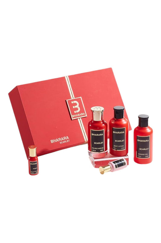 BHARARA SCARLET 5 PCS 3.4 oz EDP +0.34 oz EDP Mini +6.7 oz B.L.+6.7 Oz S.GEL+0.34 oz