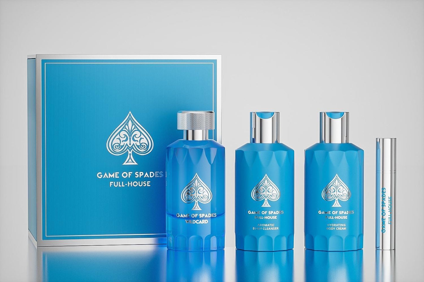 Jo Milano Game of Spades Full House 4-Piece Gift Set Unisex, (3.4 Oz Parfum Spray + 6.8 Oz Body Cleanser + 6.8 Oz Body Cream + 0.27 Oz Refillable Atomizer)