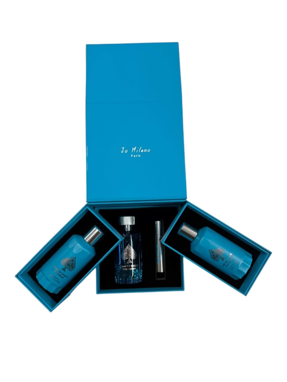 Jo Milano Game of Spades Full House 4-Piece Gift Set Unisex, (3.4 Oz Parfum Spray + 6.8 Oz Body Cleanser + 6.8 Oz Body Cream + 0.27 Oz Refillable Atomizer)