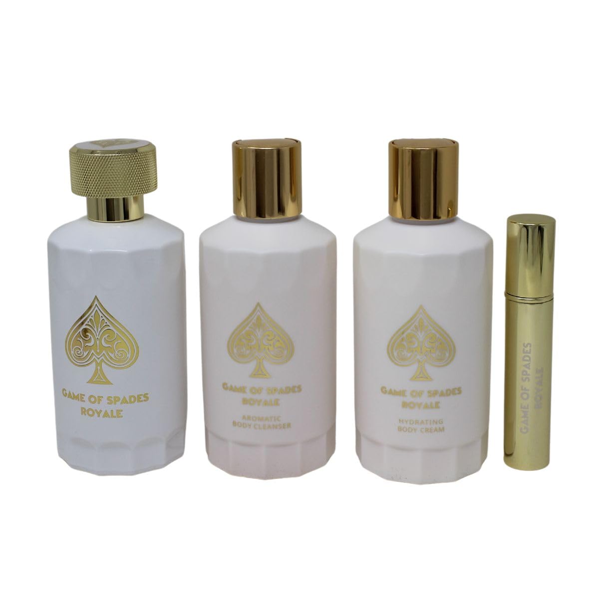 Jo Milano Game of Spades Royale 4-Piece Gift Set Unisex, (3.4 Oz Parfum Spray + 6.8 Oz Body Cleanser + 6.8 Oz Body Cream + 0.27 Oz Refillable Atomizer)