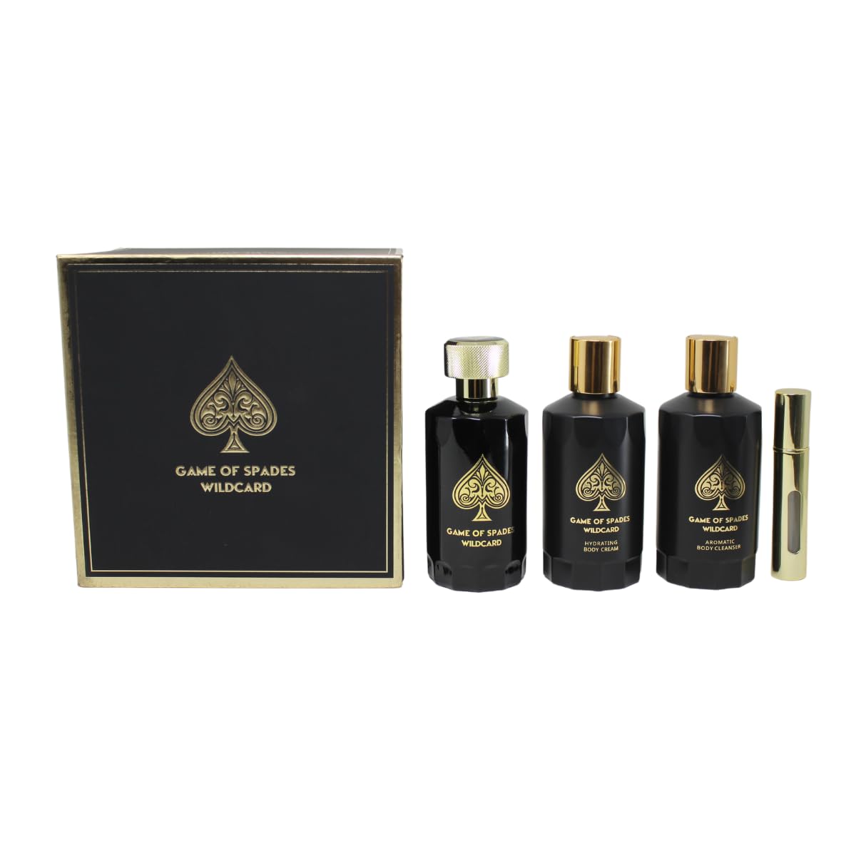 Jo Milano Game of Spades Wildcard 4-Piece Gift Set Unisex, (3.4 Oz Parfum Spray + 6.8 Oz Body Cleanser + 6.8 Oz Body Cream + 0.27 Oz Refillable Atomizer)