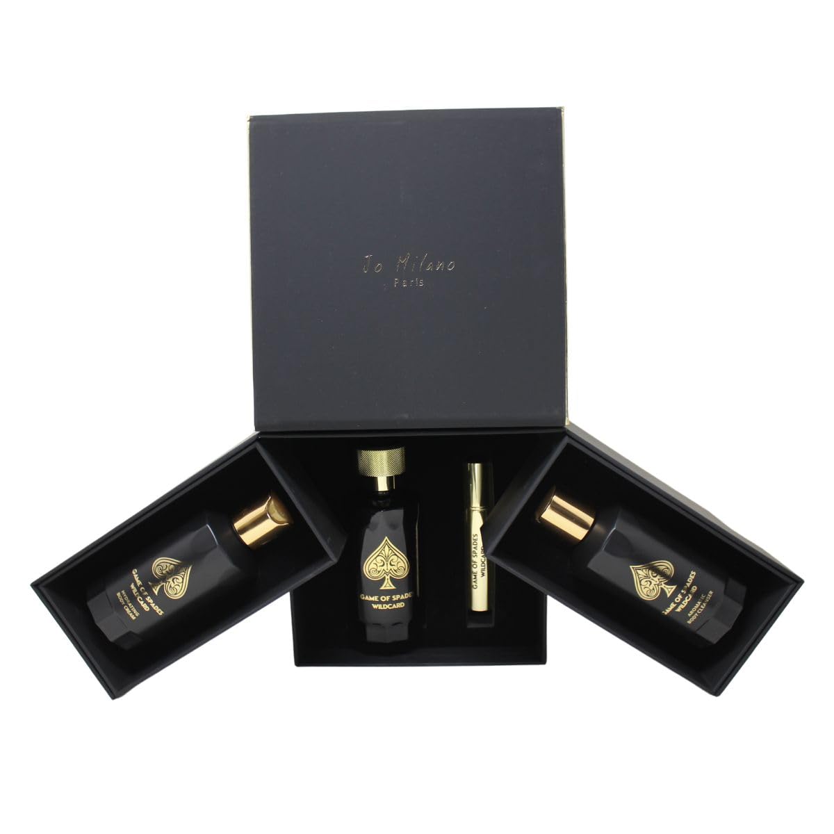 Jo Milano Game of Spades Wildcard 4-Piece Gift Set Unisex, (3.4 Oz Parfum Spray + 6.8 Oz Body Cleanser + 6.8 Oz Body Cream + 0.27 Oz Refillable Atomizer)