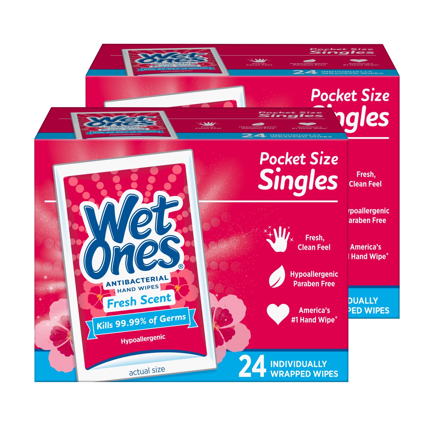 Wet Ones Antibacterial Hand Wipes Singles Fresh Scent 24 Ct "2-PACK"