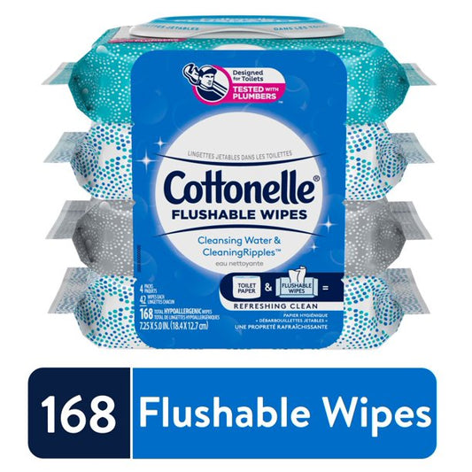 Cottonelle Flushable Wet Wipes 4 Flip-Top Packs, 42 Wipes per Pack (168 Wipes Total)