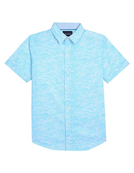 Nautica Boys' Short Sleeve Printed Poplin Button Down Shirt Aqua