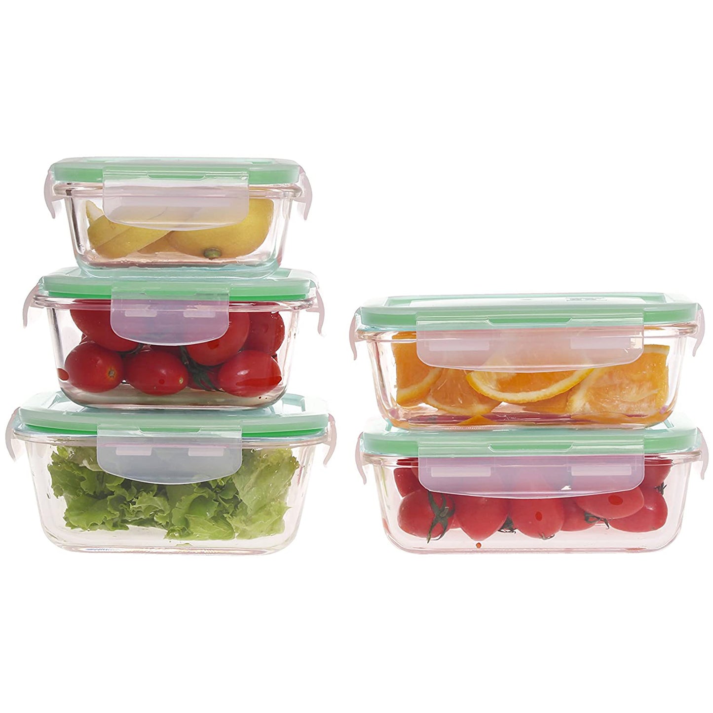 Farberware Microwave & Oven Safe Glass Container Food Storage Set with Locking Lids (10 Piece) Clear/Green