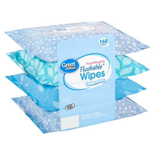 Fresh Scent Flushable Wipes 42 count 4-pack (168 wipes) by Great Value