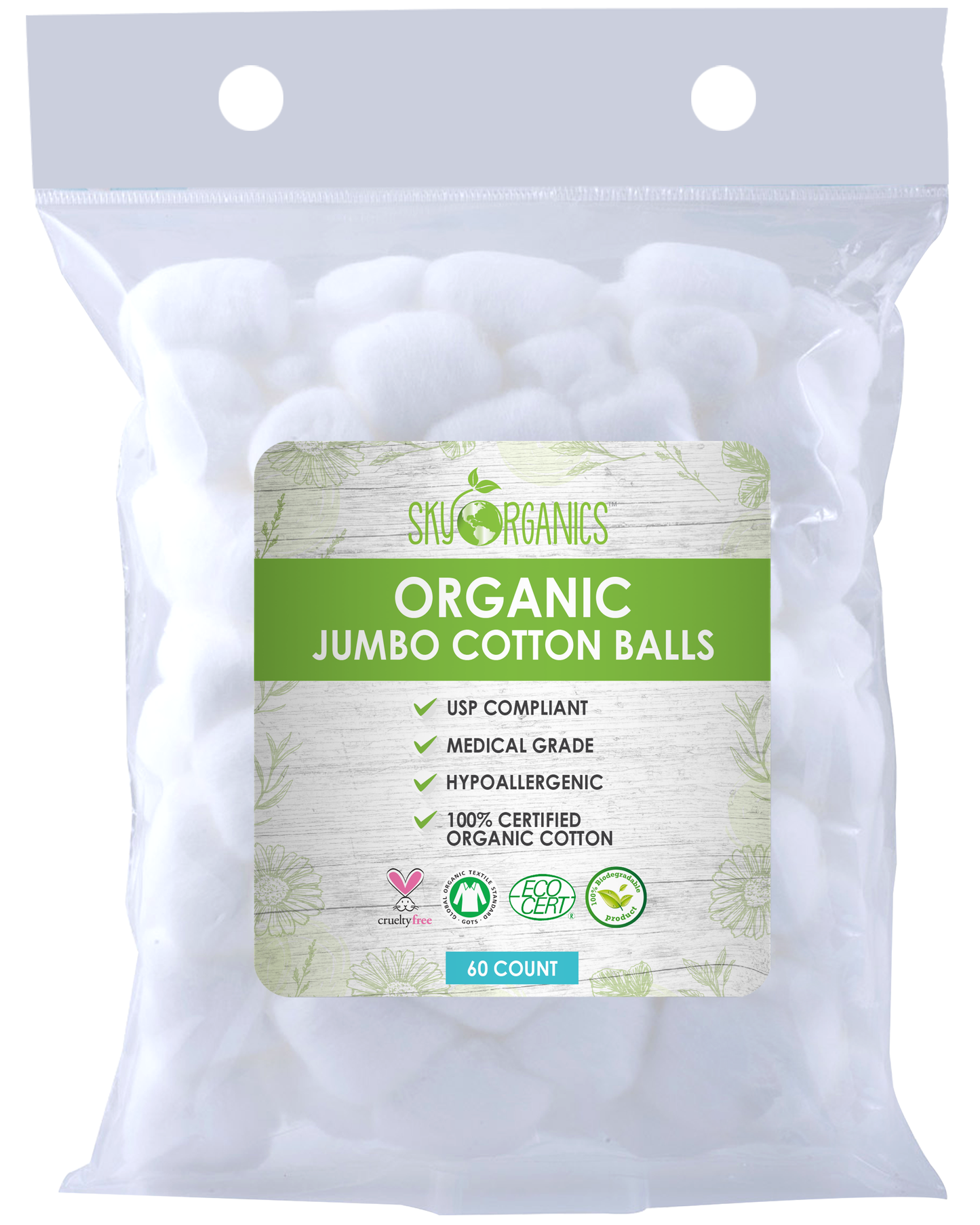 Sky Organics Organic Cotton Balls, 60 Count (Pack of 2)