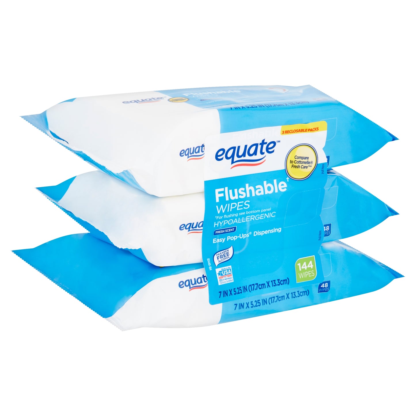 Equate Flushable Wipes, Fresh Scent, 3 Packs of 48 Wipes, 144 Wipes Total