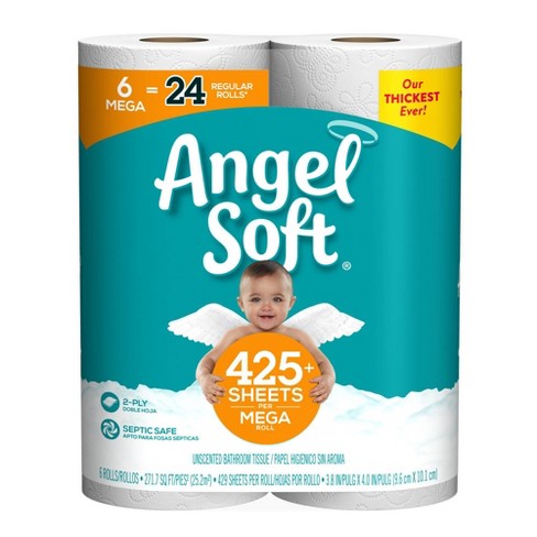 Angel Soft Toilet Paper 6 Mega Rolls = 24 regular rolls 425 Sheets