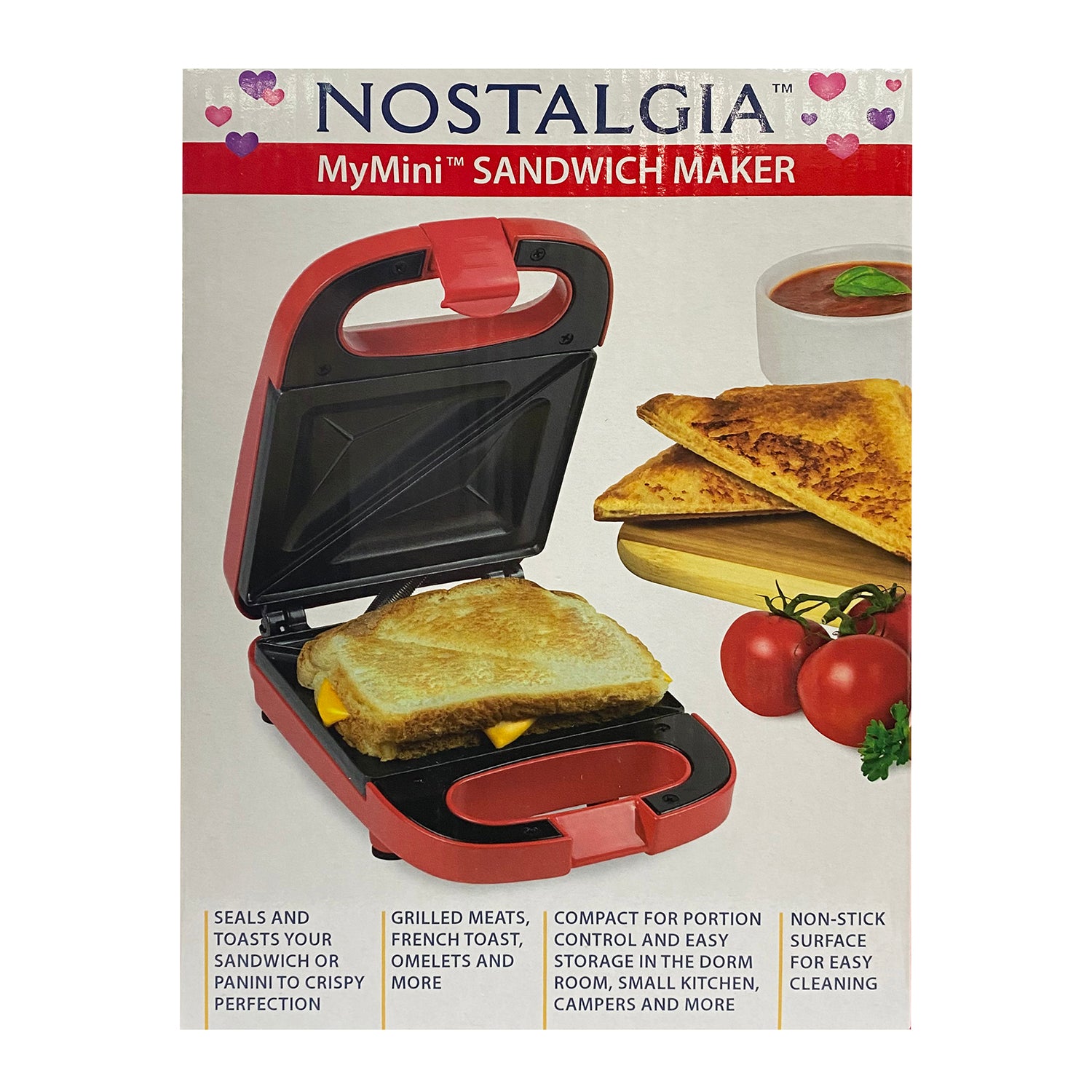 Nostalgia mini sandwich maker toaster compact for portion control seals and  toasts sandwich panini maker (RED)
