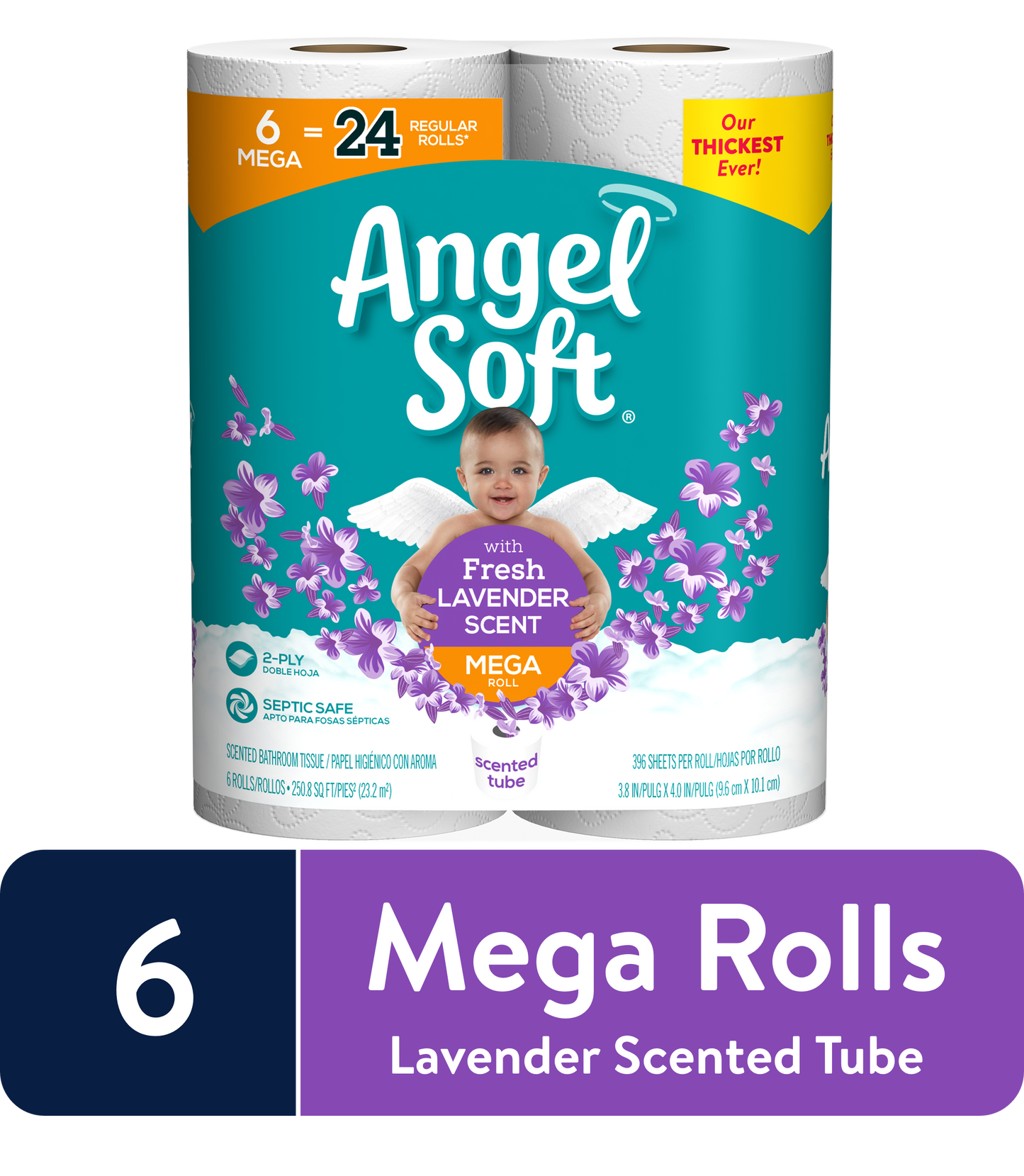 Angel Soft Toilet Paper, Lavender, 6 Mega = 24 Regular Rolls