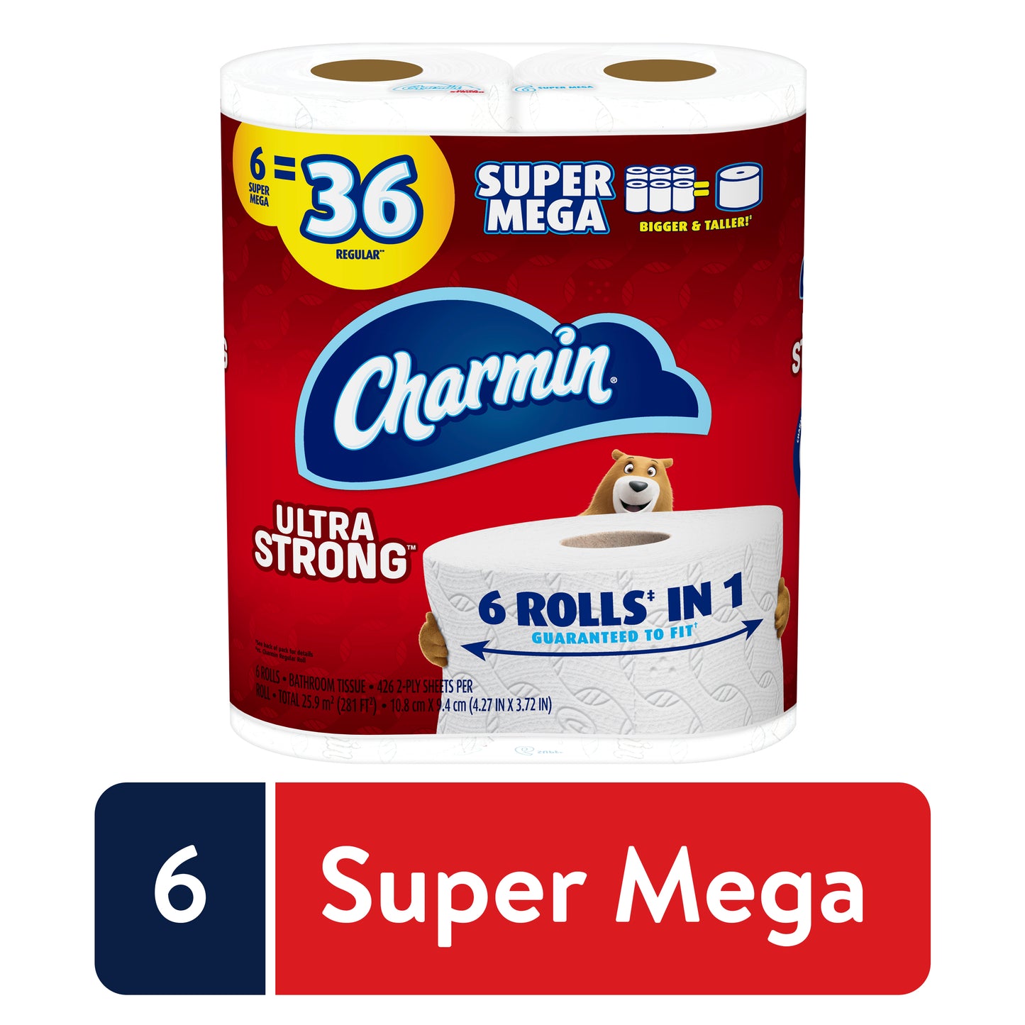 Charmin Ultra Strong Toilet Paper, 6 Super Mega Rolls = 36 REGULAR ROLLS (2556 Sheets)