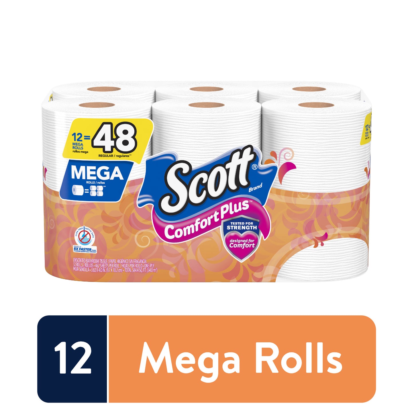 Scott Comfort Plus Toilet Paper, 12 Mega Rolls = 48 Regular