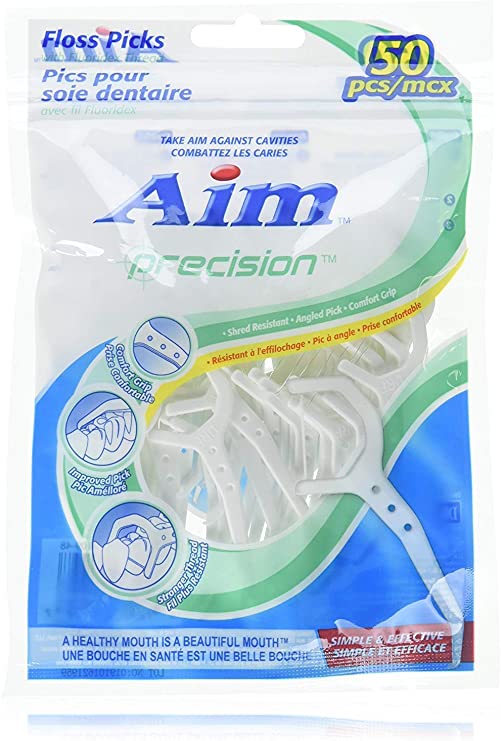 Aim Precision Floss Picks Waxed Flouridex Total 300 Count, Thread Simple Effective (6 Pack)