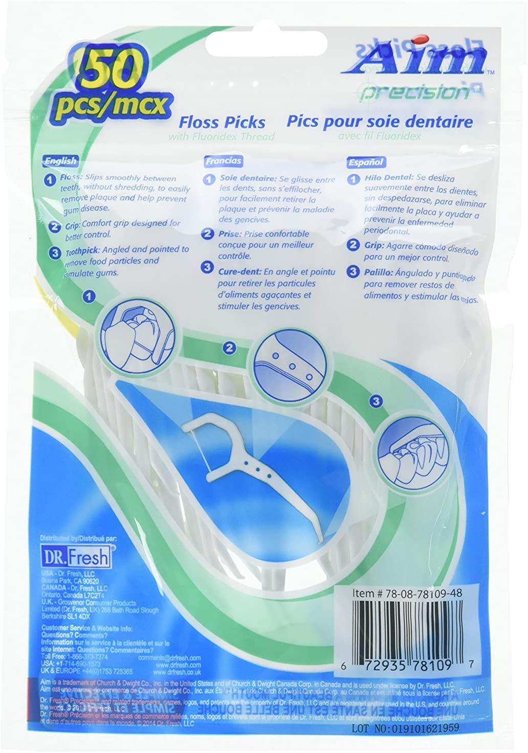 Aim Precision Floss Picks Waxed Flouridex Total 300 Count, Thread Simple Effective (6 Pack)