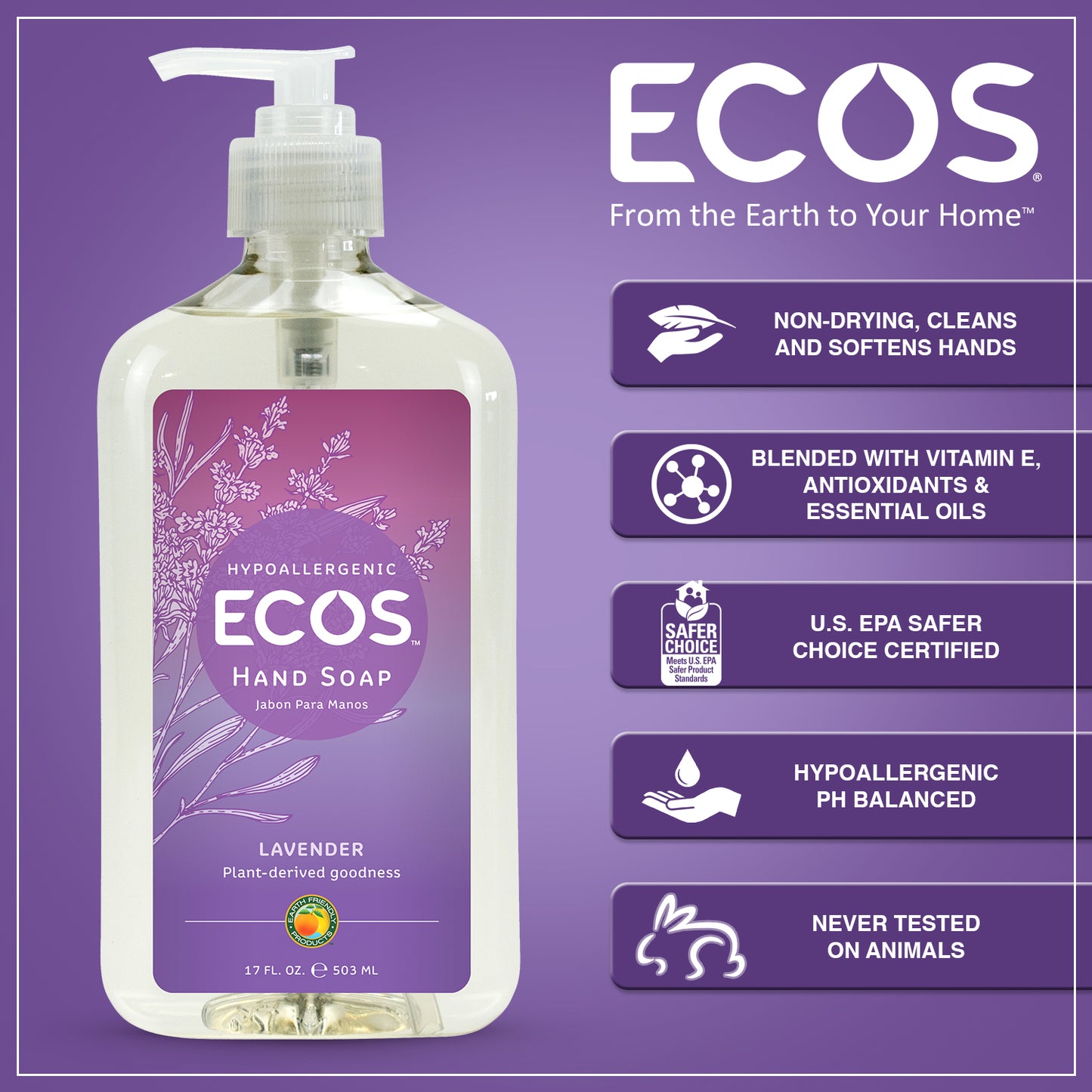 Hypoallergenic Hand Soap Lavender 17 oz "3-PACK" by ECOS