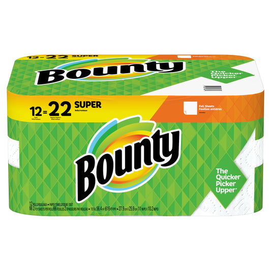 Bounty Full Sheet Paper Towels, White, 12 Regular Rolls = 22 Super Rolls