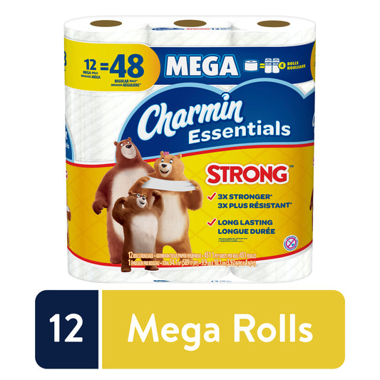 Charmin Essentials Strong Toilet Paper, 12 Mega Rolls = 48 Regular Rolls