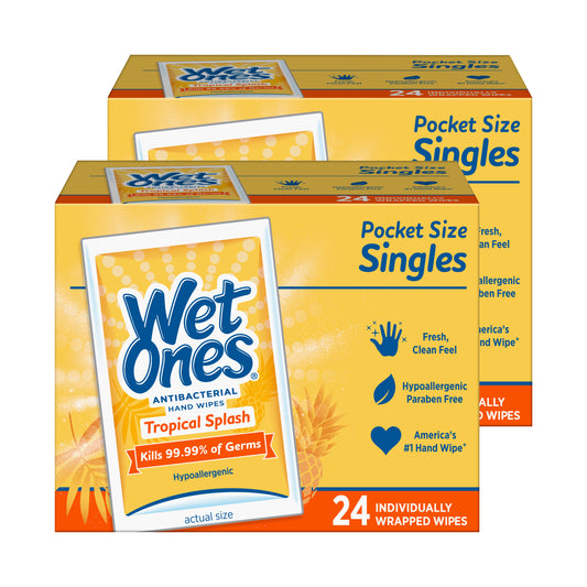 Wet Ones Antibacterial Hand Wipes Singles Tropical Splash 24 Ct "2-PACK"