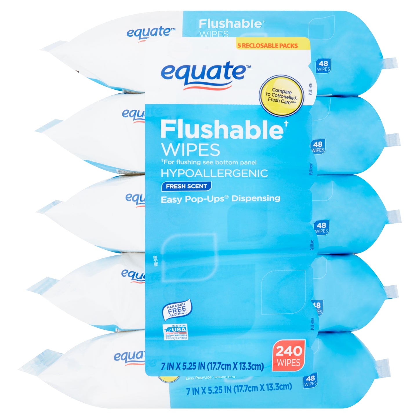 Equate Flushable Wipes Fresh Scent 5-PACK of 48 wipes = 240 total