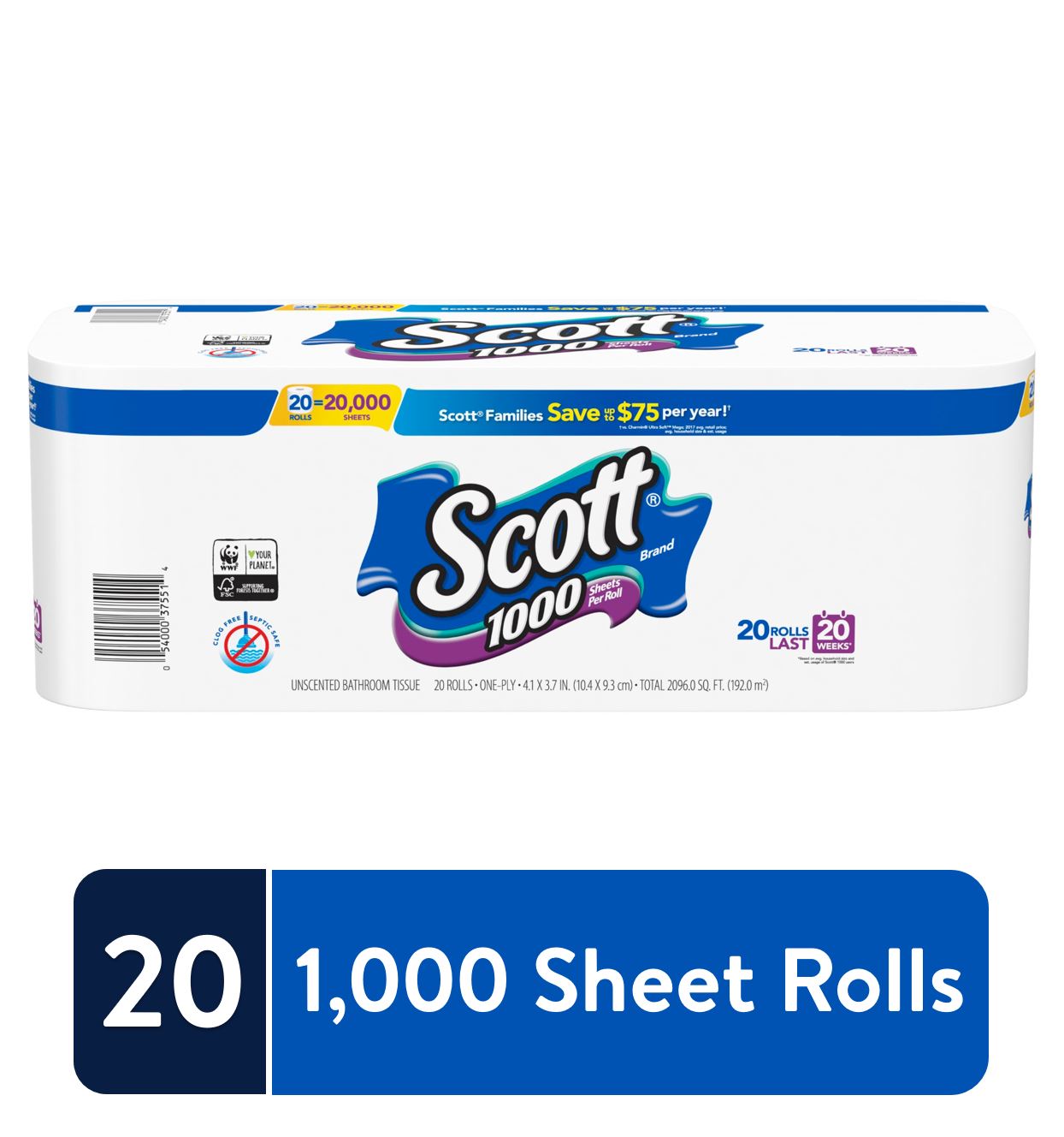 Scott 1000 Sheets Per Roll Toilet Paper 20 Rolls = 20,000 Sheets