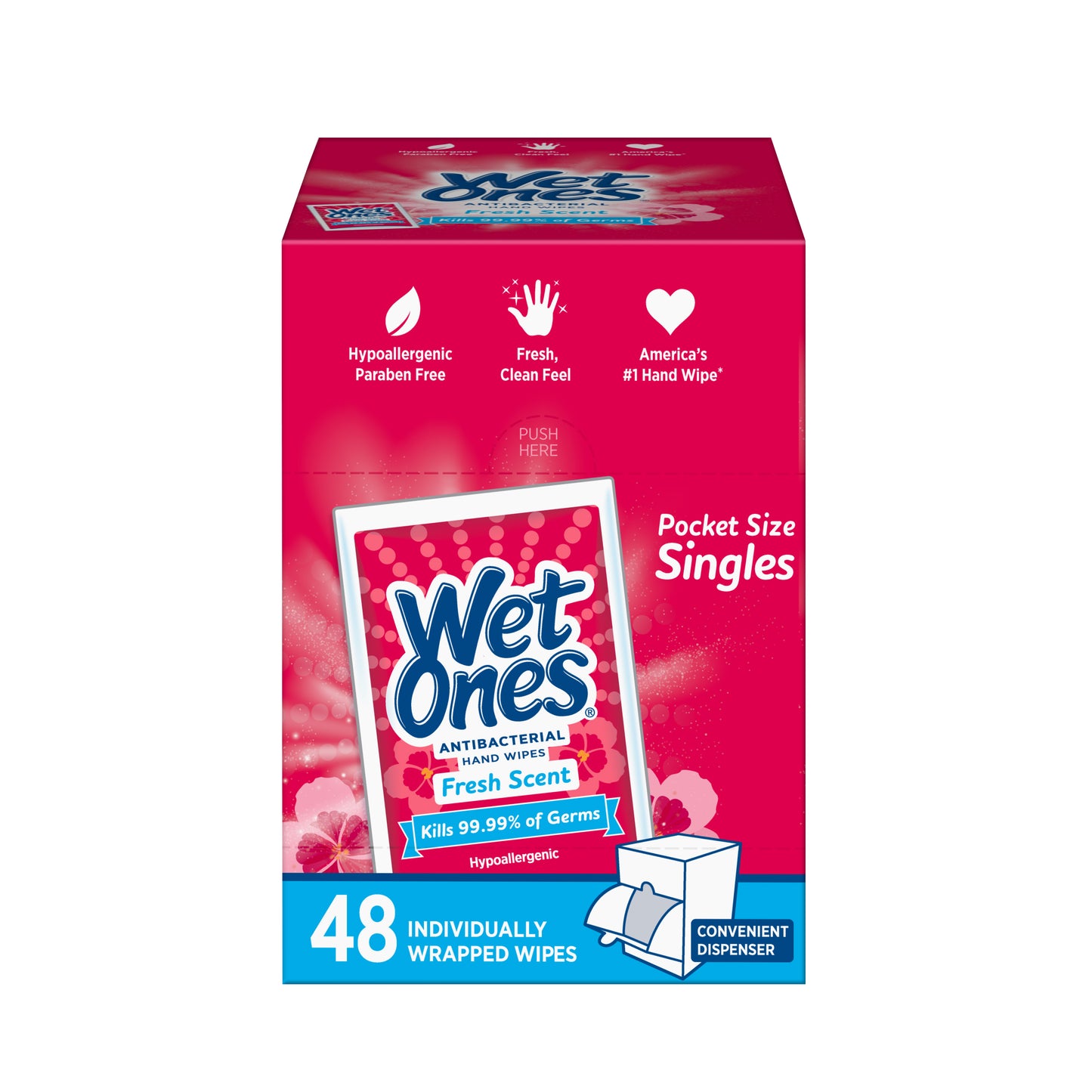 Wet Ones Antibacterial Hand Wipes Singles Dispenser, Fresh, 48 Ct