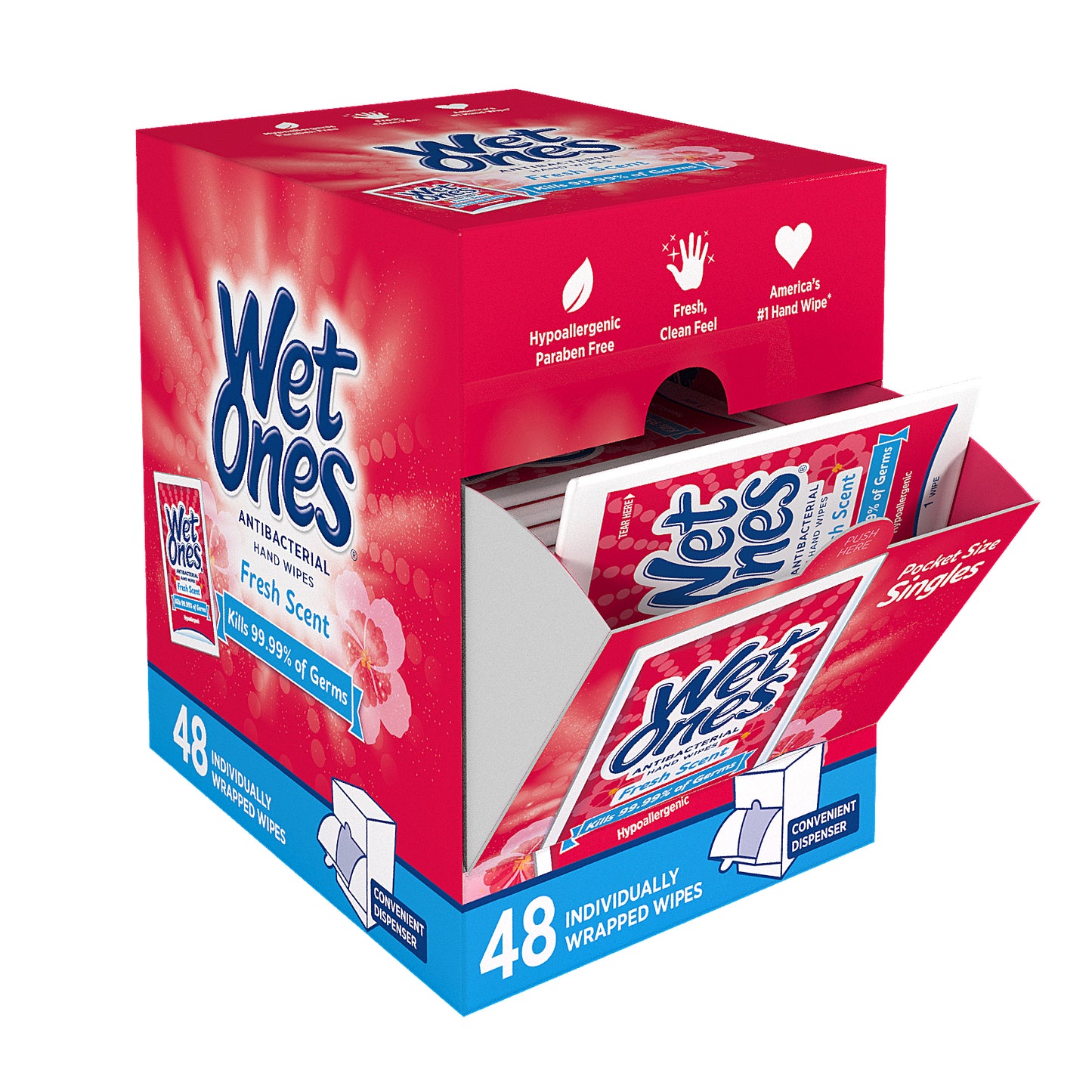 Wet Ones Antibacterial Hand Wipes Singles Dispenser, Fresh, 48 Ct